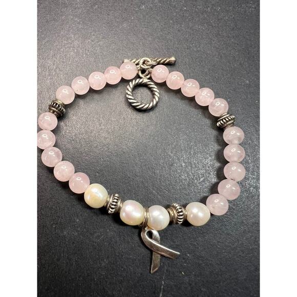 Vintage rose quartz pearls sterling silver breast cancer awareness bracelet - Picture 2 of 11